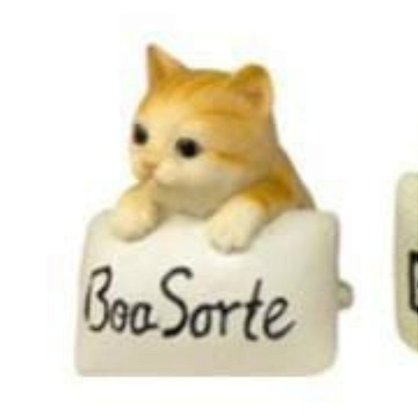 Enfeite Resina Gato Palavra Boa Sorte com 11cm
