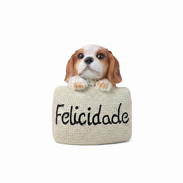 Enfeite Resina Cachorro Palavra Felicidade com 11cm