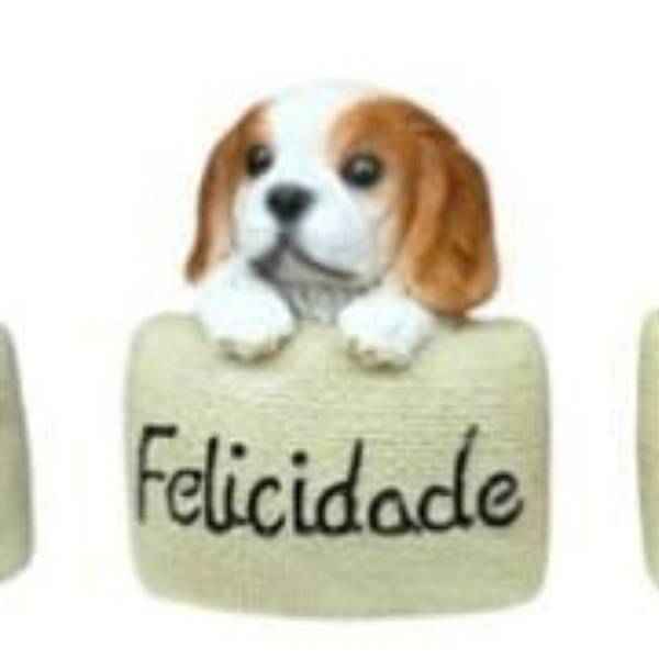 Enfeite Resina Cachorro Palavra Felicidade com 11cm