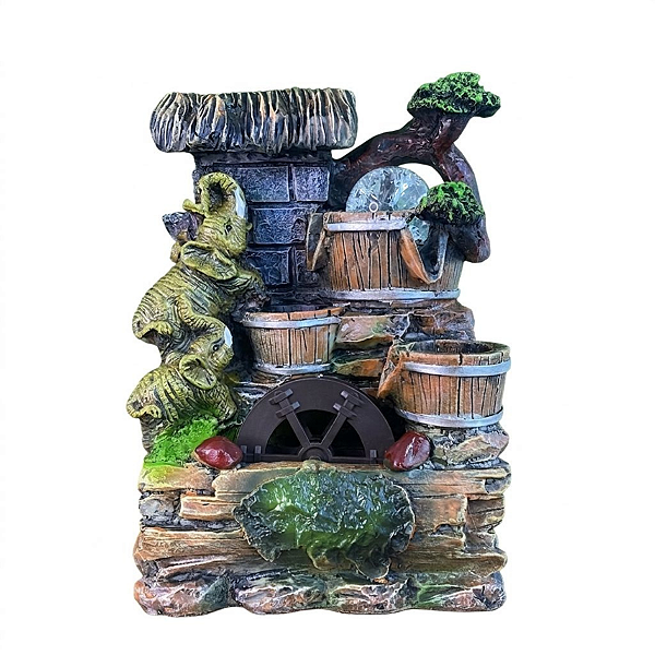 Fonte de Água em Resina Paisagem e Elefantes 3 Quedas Com Bola M - 26202