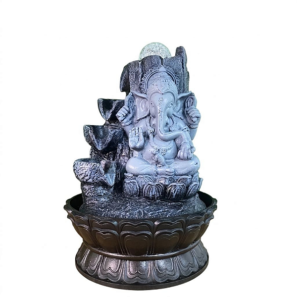 Fonte de Água em Resina Ganesha Cinza 4 Quedas Com Bola M - 22302