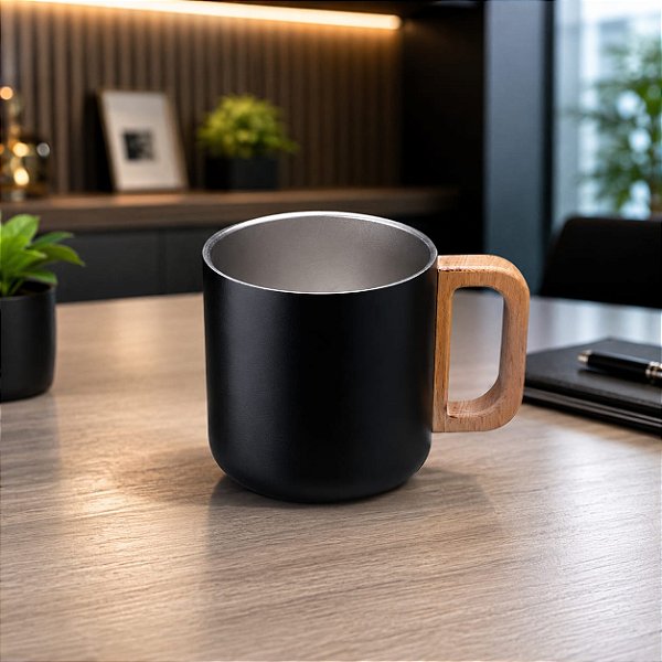 CANECA TÉRMICA - PRETA - 400ML - ALÇA DE MADEIRA