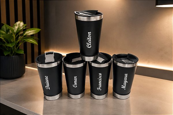 COPO TÉRMICO - PRETO - 472ML - COM TAMPA E ABRIDOR