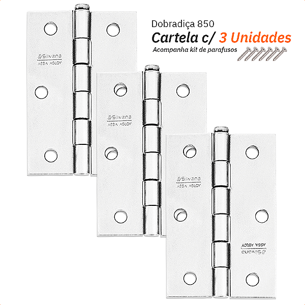 Dobradiça 850 Até 15kg - 2,5" Cromada - Silvana 3Pçs