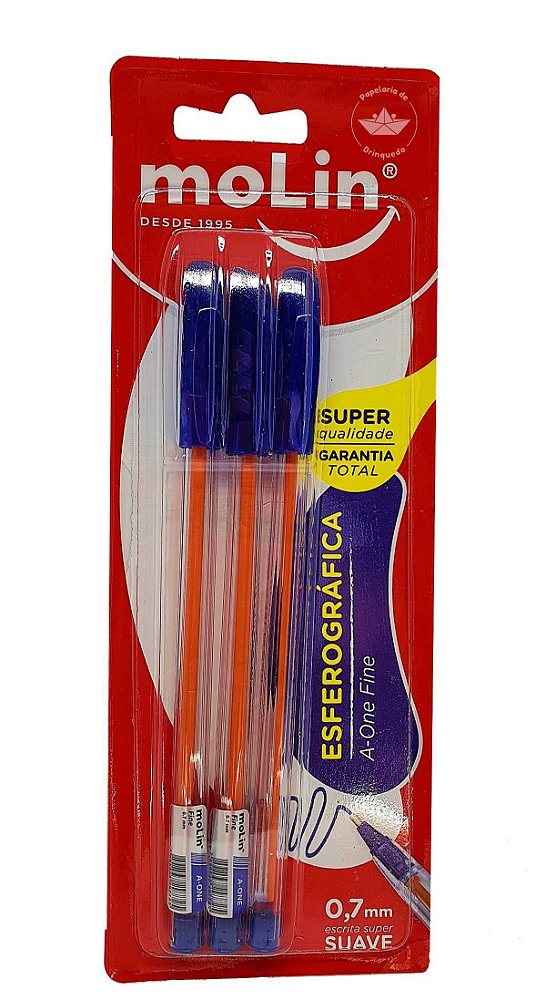 Kit 3 Canetas Esferográficas A-One Fine Molin Azul Escolar
