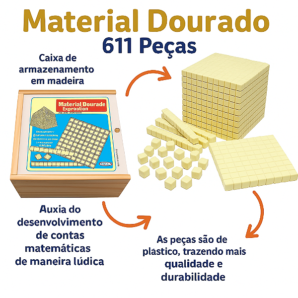 Material Dourado Plastico 611 peças em Caixa de Madeira Carimbras