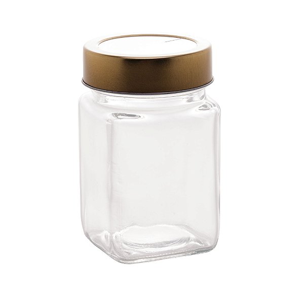 Pote de Vidro Quadrada Tampa de Metal/Acrilico Dourada - 300ml