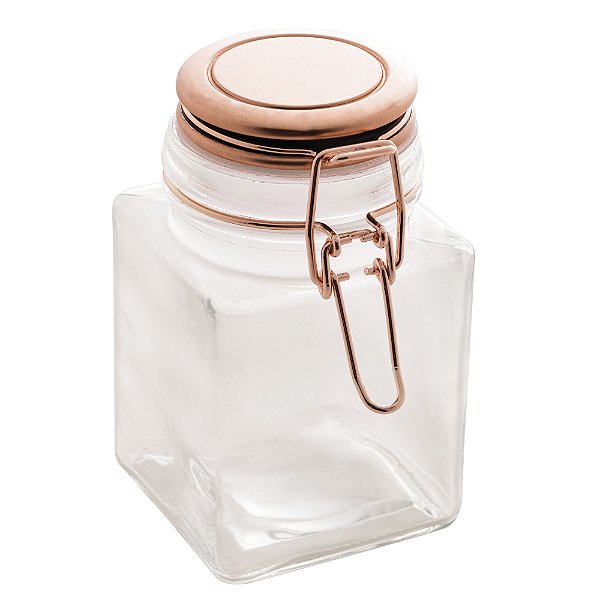Pote Quadrado Hermético de Vidro com Tampa em Metal Rose Gold - 450ml