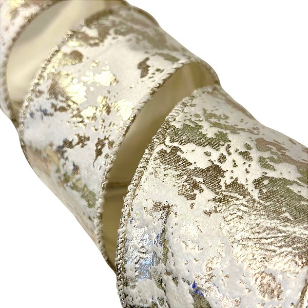Fita de Veludo Aramada Decorativa Natalina - Bege e Branco