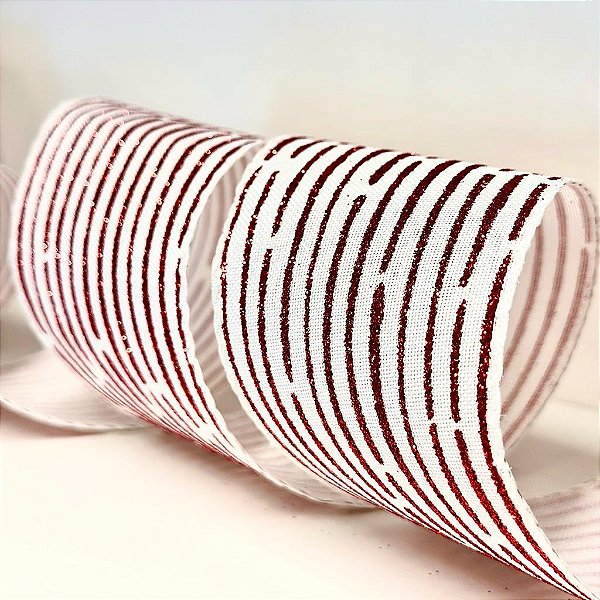 Fita Aramada Branca com Listras Vermelhas Brilhantes