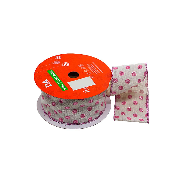 Fita Decorativa Aramada Natural Poá Glitter Rosa