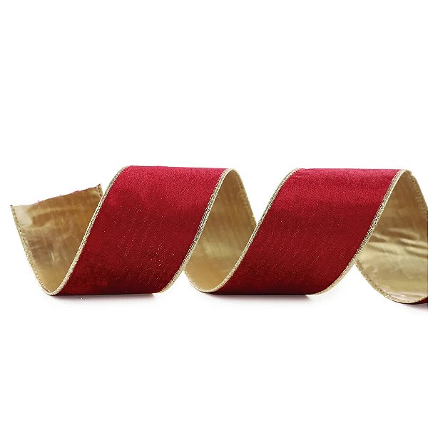 Fita Decorativa Veludo Vermelho com Borda Dourada