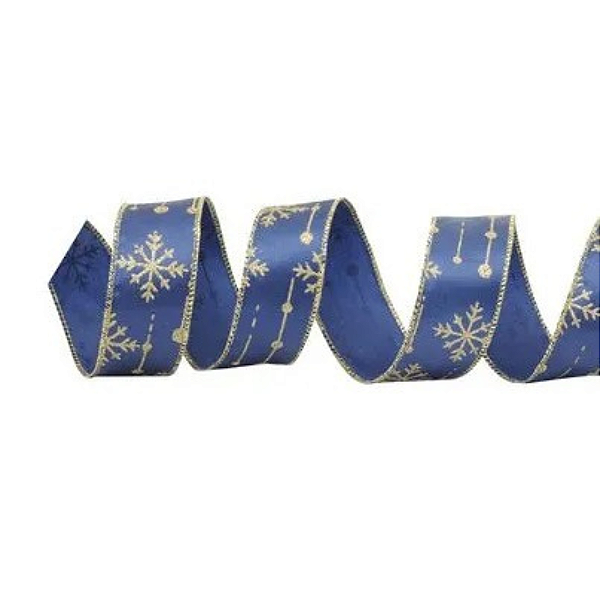 Fita Decorativa Aramada Azul com Flocos de Neve Dourado