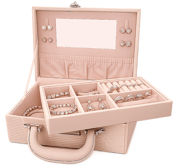 Maleta Porta Jóias com Espelho 2 Níveis 15 Compartimentos 9,5x24x16,5 Veludo