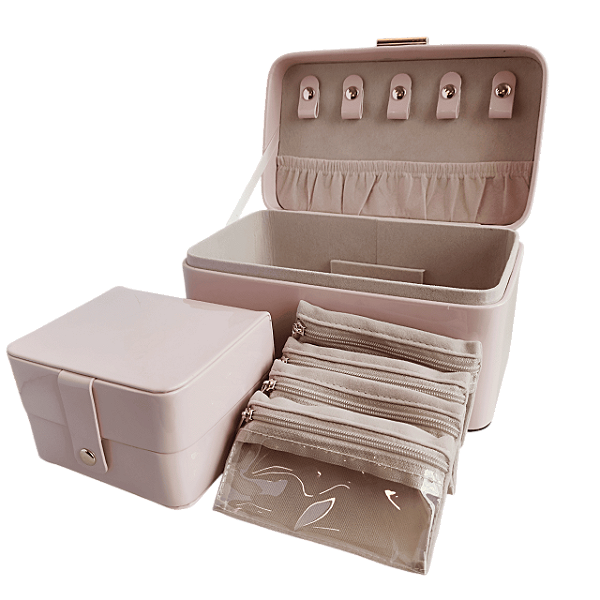 Caixa Porta Joias 2 Niveis 4 Cases + Caixinha Extra 11x12x20 Aveludada