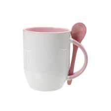 Caneca Cerâmica 325ml com Alça e Colher Cônica Rosa JKB