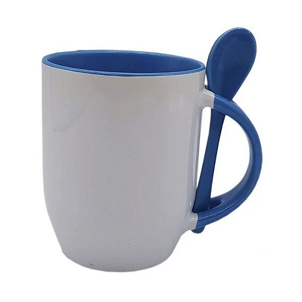 Caneca Cerâmica 325ml com Alça e Colher Cônica Azul Claro JKB
