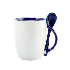 Caneca Cerâmica 325ml com Alça e Colher Cônica Azul Escuro JKB