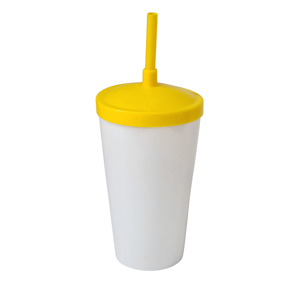 Copo Twister 500ml Branco com tampa e canudo Amarelo