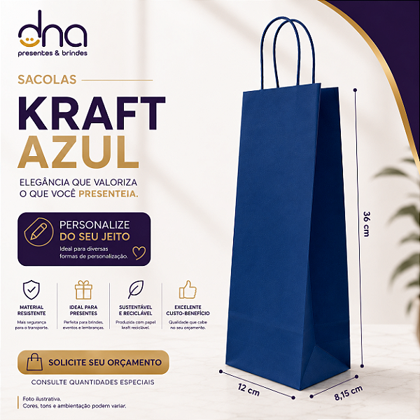 Sacola Kraft Azul - 36x8,5x12cm
