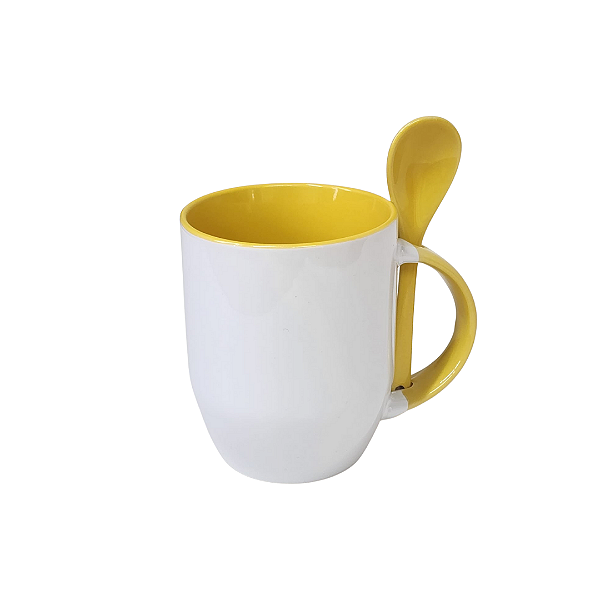 Caneca Cerâmica 325ml com Alça e Colher Cônica Amarela Live