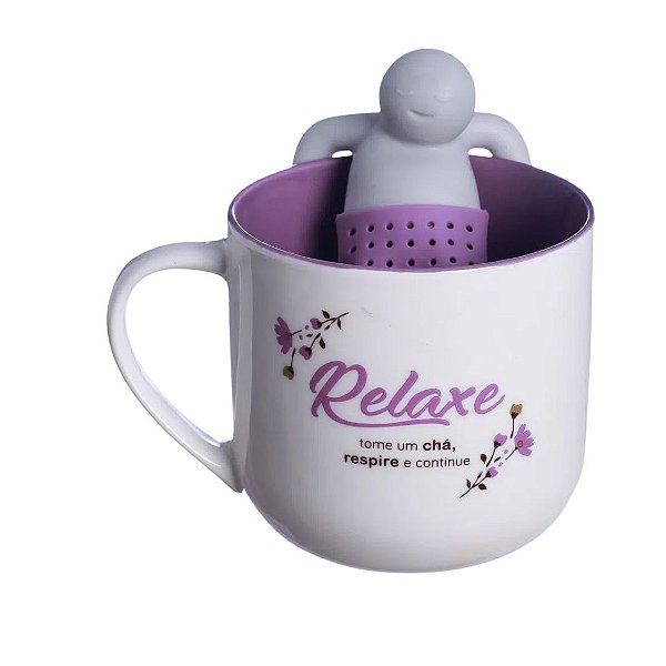 Caneca com Infusor Relaxe Tome um Chá, Respire e Continue 350ml