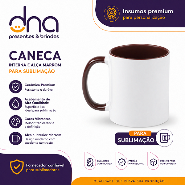 Caneca Cerâmica 325ml com Alça e Interior Marrom - Para Sublimação