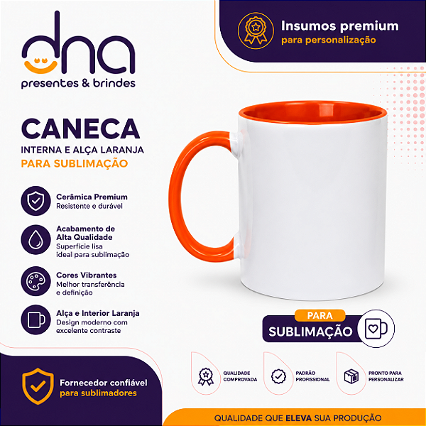 Caneca Cerâmica 325ml com Alça e Interior Laranja - Para Sublimação