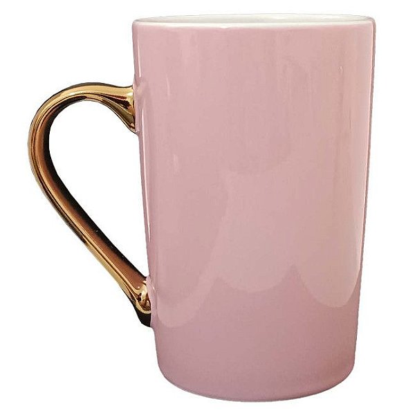 Caneca Porcelana 360ml Rosa Alça Dourada Live