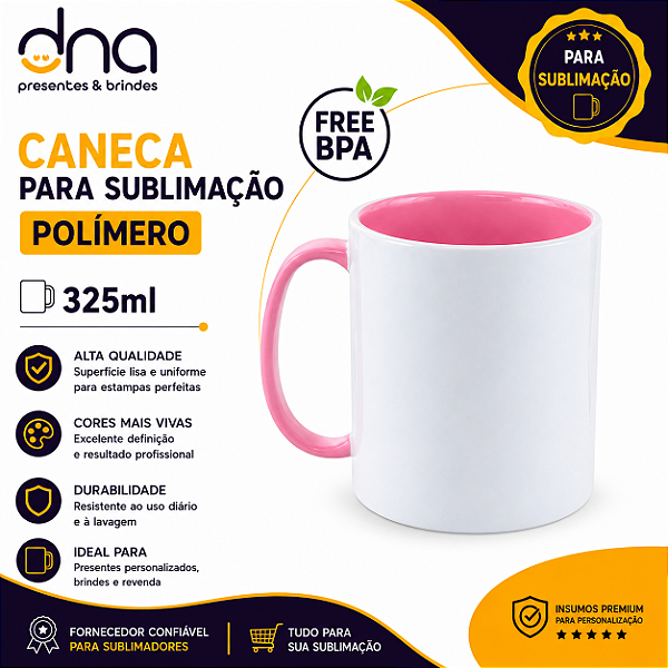 Caneca de Polímero Interior e Alça Rosa 325ml - Para Sublimação