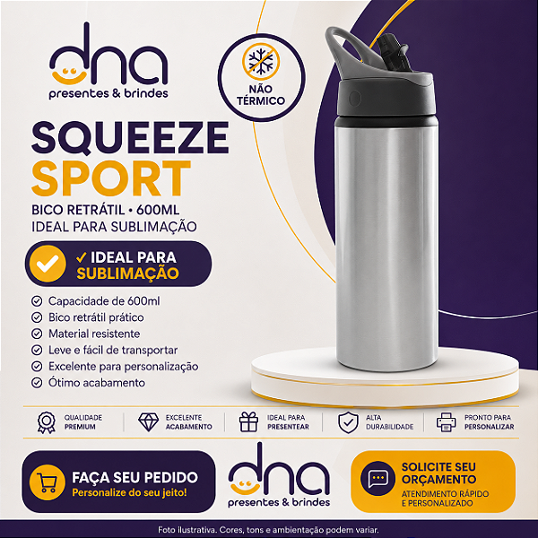 Squeeze Garrafa Sport Bico Retratil 600ml - Prata - Para Sublimação