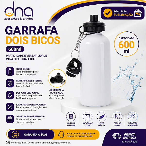 Garrafa Com 2 Bicos 600ml - Branca - Para Sublimação