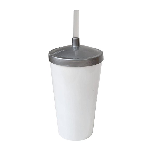 Copo Twister 500ml Branco com tampa e canudo Cinza