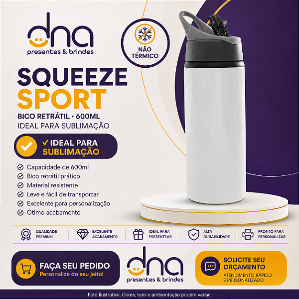 Squeeze Garrafa Sport Bico Retratil 600ml - Branca - Para Sublimação