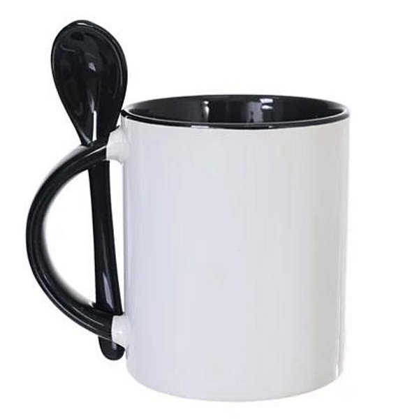 Caneca Cerâmica com Alça e Colher Preta 325ml Metalnox