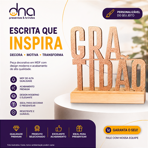 Enfeite Decorativo Dourado com Base de Madeira Gratidão