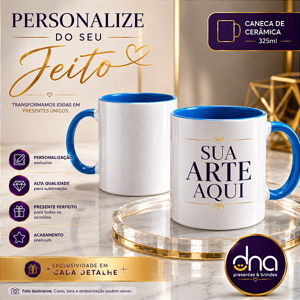 Caneca Cerâmica 325ml com Alça e Interior Azul Claro - Sua Arte Aqui