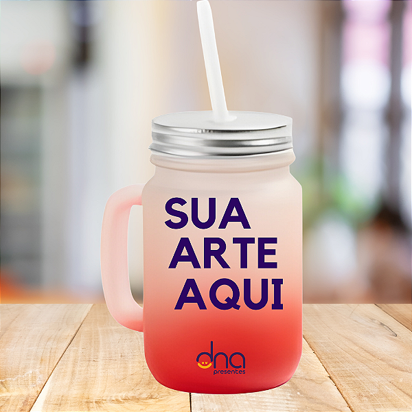 Caneca Personalizada de Vidro Degradê Vermelha com Canudo "Sua Arte Aqui"
