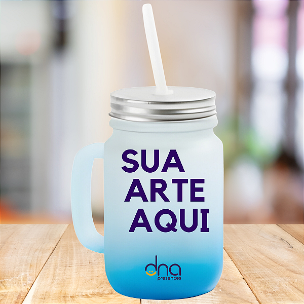 Caneca Personalizada de Vidro Degradê Azul com Canudo "Sua Arte Aqui"