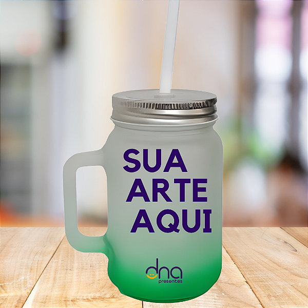 Caneca Personalizada de Vidro Degradê Verde com Canudo "Sua Arte Aqui"