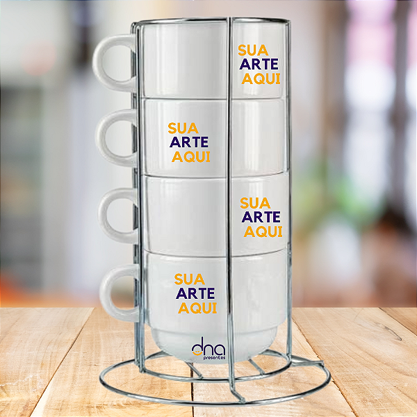 Torre de 4 Xícaras Personalizadas Brancas 150ml "Sua Arte Aqui"