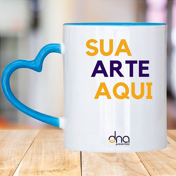 Caneca Personalizada Alça Coração Azul Claro "Sua Arte Aqui"