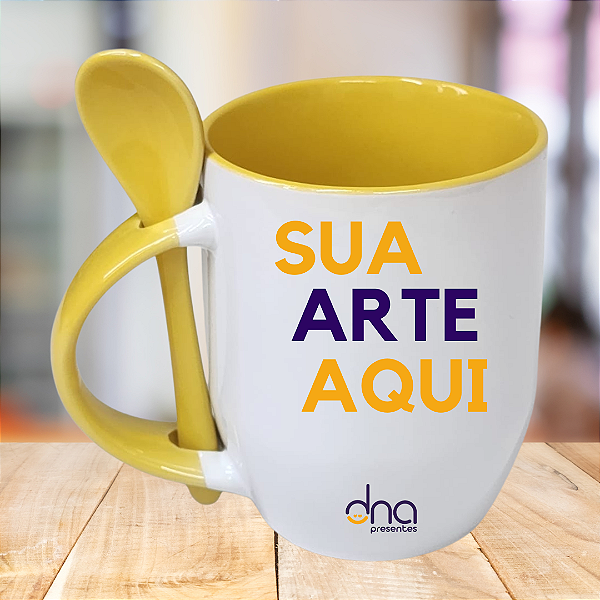 Caneca Personalizada Cônica com Colher Amarela "Sua Arte Aqui"