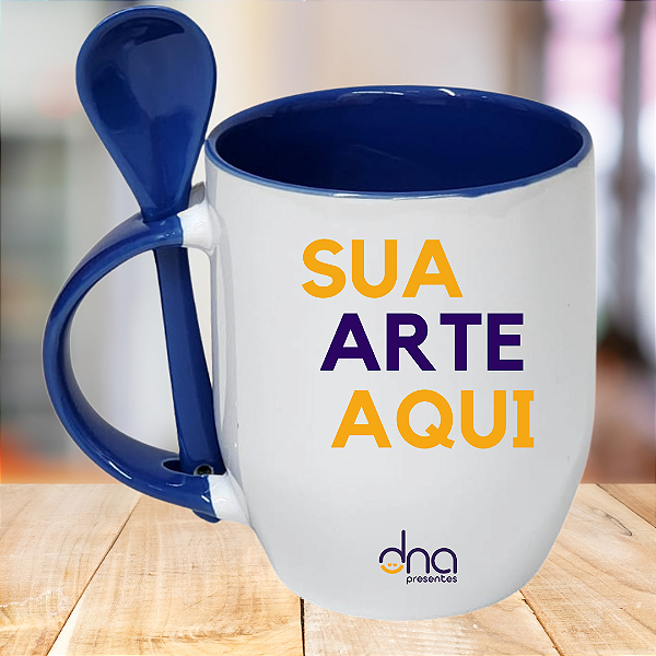 Caneca Personalizada Cônica com Colher Azul "Sua Arte Aqui"