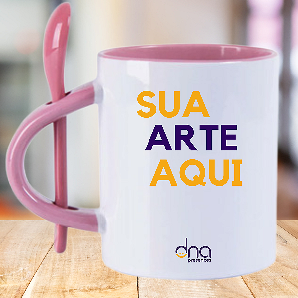 Caneca Personalizada Reta com Colher Rosa "Sua Arte Aqui"