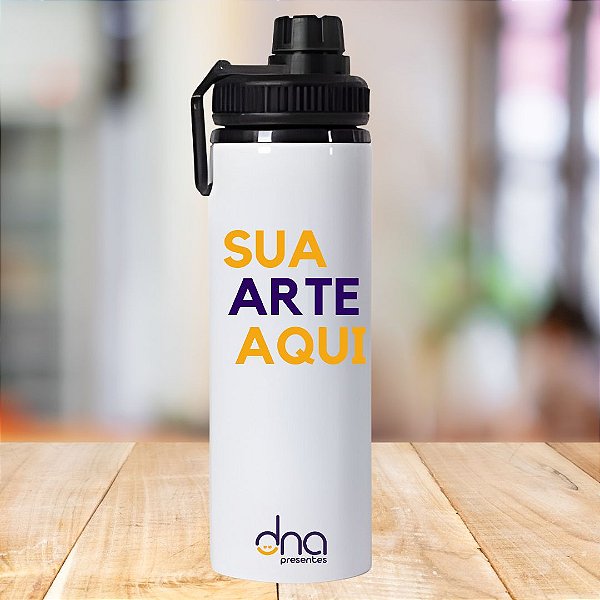Garrafa de Alumínio Branca com Tarja Preta 750ml Personalizada "Sua Arte Aqui"