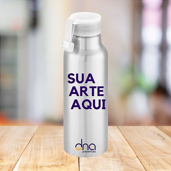 Garrafa de Alumínio Prata com Tampa de Silicone Branca 570ml Personalizada "Sua Arte Aqui"