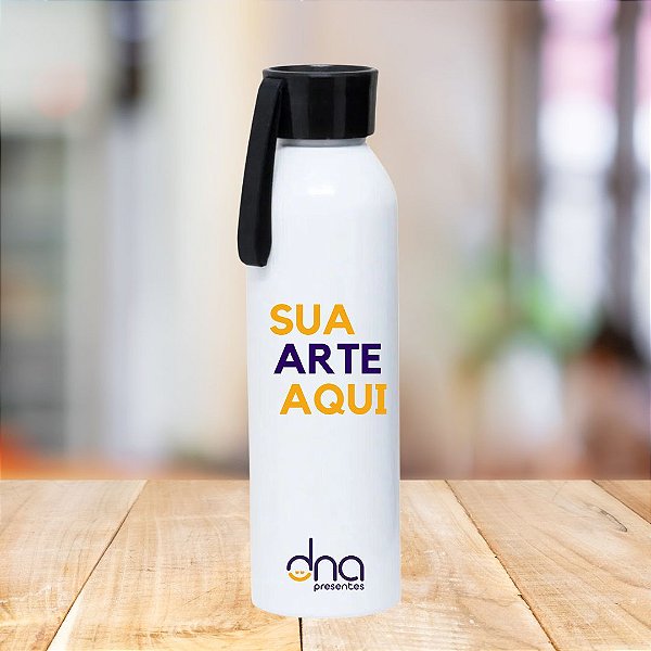 Garrafa de Alumínio Branca com Tampa de Silicone Preta 650ml Personalizada "Sua Arte Aqui"