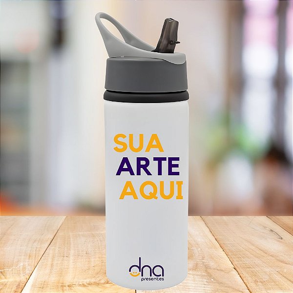Garrafa de Alumínio Sport Bico Retrátil Branca 600ml Personalizada "Sua Arte Aqui"