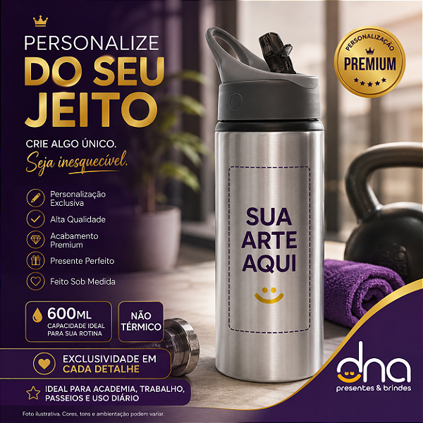 Squeeze Garrafa Sport Bico Retrátil 600ml - Prata - Sua Arte Aqui